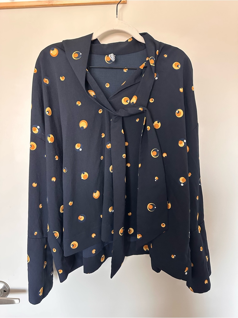 Mango Navy Tie-Neck Blouse with Orange Dot Print